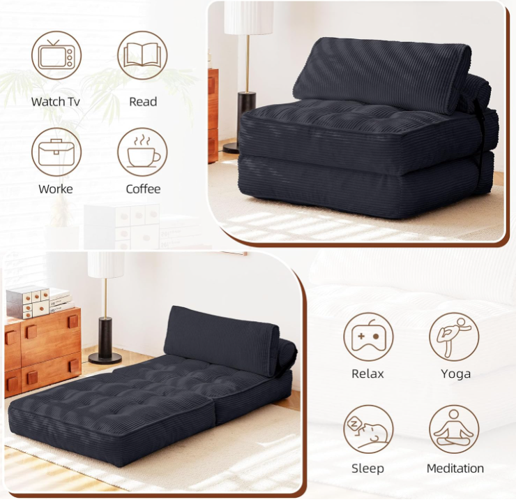 Folding Sofa Bed – Convertible Chaise Lounge & Futon, Tufted Cushion, Space-Saving Design for Living Room, Guest Room, Dormitory