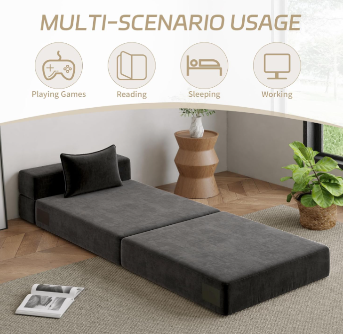 Tri-Fold Folding Sofa Bed – Ergonomic Convertible Futon Chair with Detachable Cover, High-Density Foam Support, Portable for Home, Dorm, Office, Outdoor Relaxation, Nap, or Guest Use