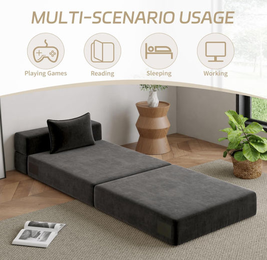 Tri-Fold Folding Sofa Bed – Ergonomic Convertible Futon Chair with Detachable Cover, High-Density Foam Support, Portable for Home, Dorm, Office, Outdoor Relaxation, Nap, or Guest Use