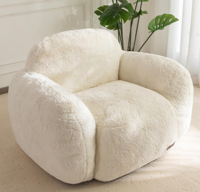 Pebble-Shaped Bean Bag Chair – Plush Faux Fur Accent Chair with High-Density Foam for Living Room, Bedroom, or Dorm