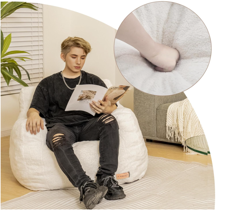 Faux Fur Memory Foam Bean Bag Chair – Plush Lounge Chair for Living Room, Bedroom, Dorm, or Game Room