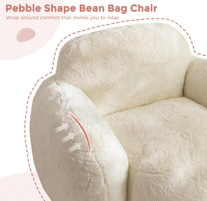 Pebble-Shaped Bean Bag Chair – Plush Faux Fur Accent Chair with High-Density Foam for Living Room, Bedroom, or Dorm