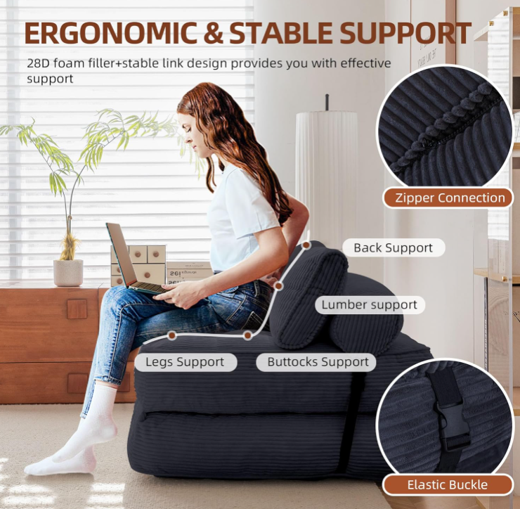 Folding Sofa Bed – Convertible Chaise Lounge & Futon, Tufted Cushion, Space-Saving Design for Living Room, Guest Room, Dormitory