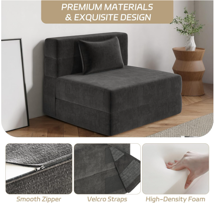 Tri-Fold Folding Sofa Bed – Ergonomic Convertible Futon Chair with Detachable Cover, High-Density Foam Support, Portable for Home, Dorm, Office, Outdoor Relaxation, Nap, or Guest Use