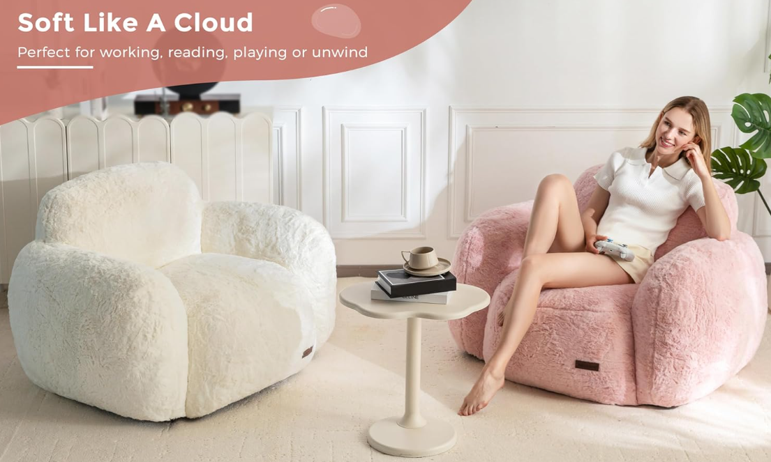 Pebble-Shaped Bean Bag Chair – Plush Faux Fur Accent Chair with High-Density Foam for Living Room, Bedroom, or Dorm