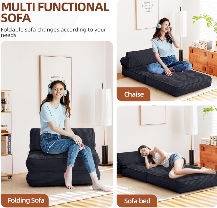 Folding Sofa Bed – Convertible Chaise Lounge & Futon, Tufted Cushion, Space-Saving Design for Living Room, Guest Room, Dormitory
