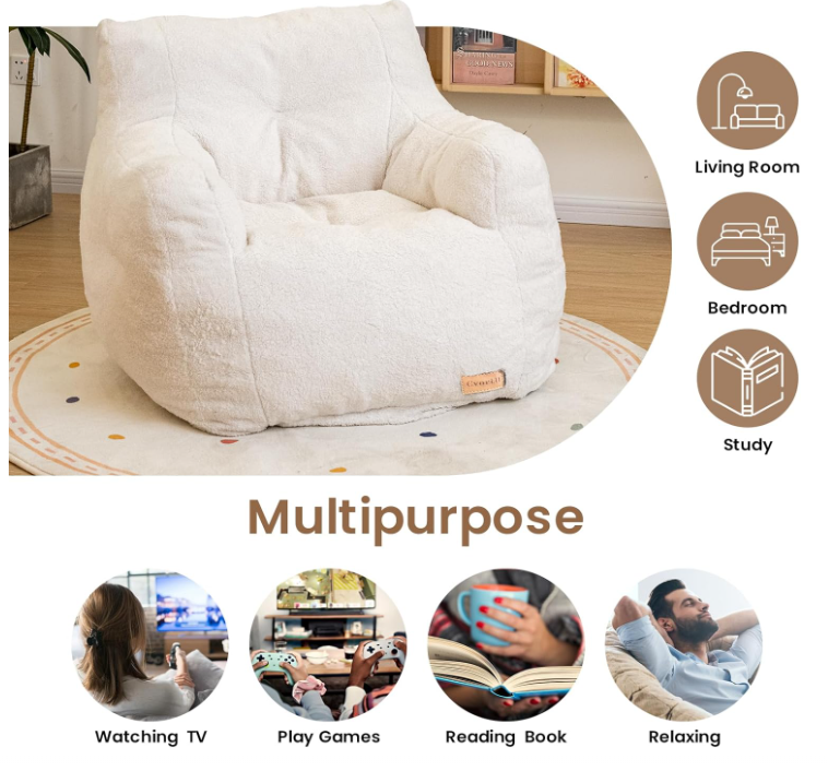 Faux Fur Memory Foam Bean Bag Chair – Plush Lounge Chair for Living Room, Bedroom, Dorm, or Game Room