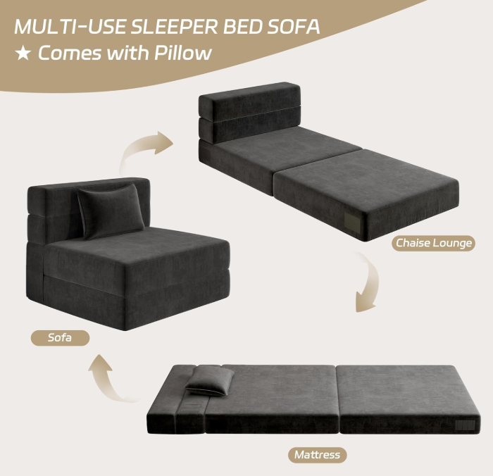 Tri-Fold Folding Sofa Bed – Ergonomic Convertible Futon Chair with Detachable Cover, High-Density Foam Support, Portable for Home, Dorm, Office, Outdoor Relaxation, Nap, or Guest Use