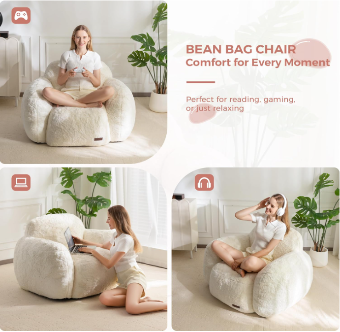 Pebble-Shaped Bean Bag Chair – Plush Faux Fur Accent Chair with High-Density Foam for Living Room, Bedroom, or Dorm